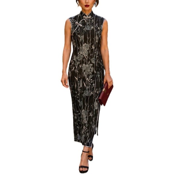 The Unbranded Brand Dresses & Skirts - Asian Style Flora Midil Dress. Black/Gray/Silver. Women's Size Small